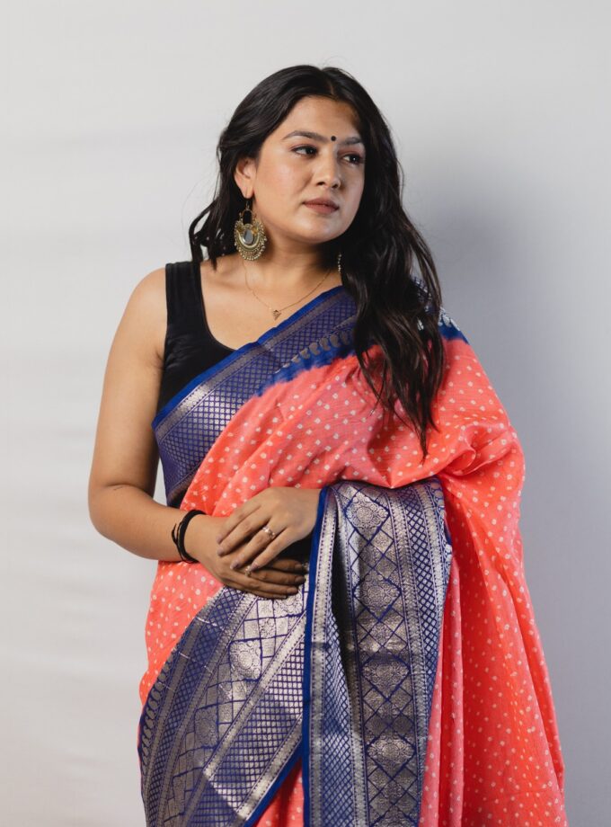 Peach - Blue Kanjivaram Bandhani Saree