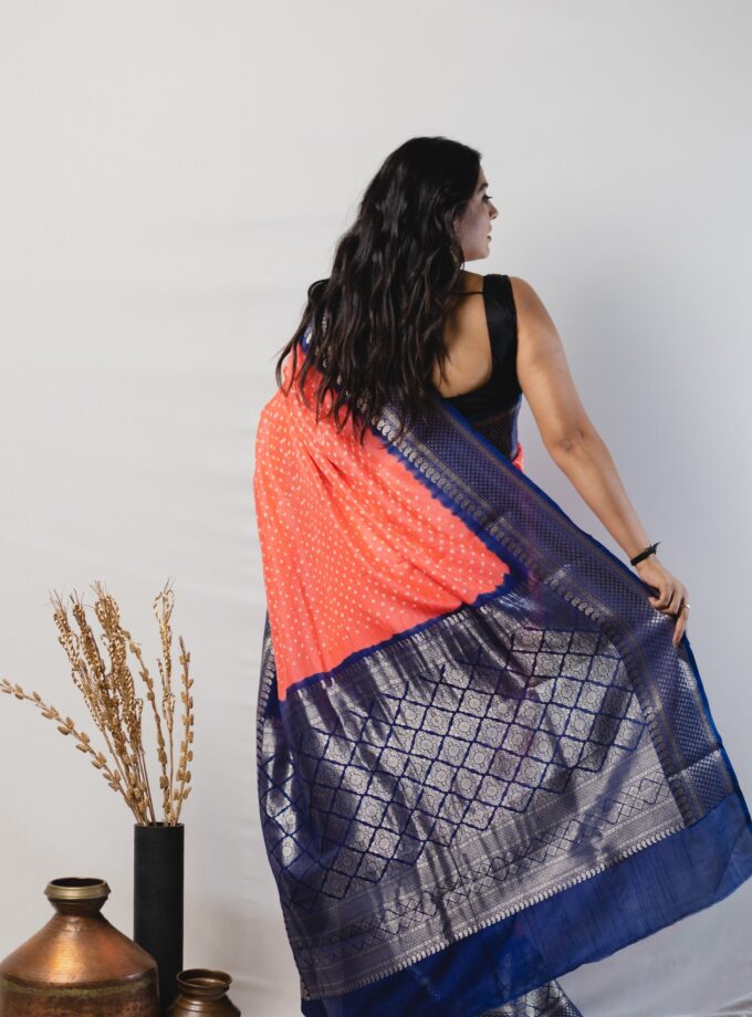 Peach - Blue Kanjivaram Bandhani Saree
