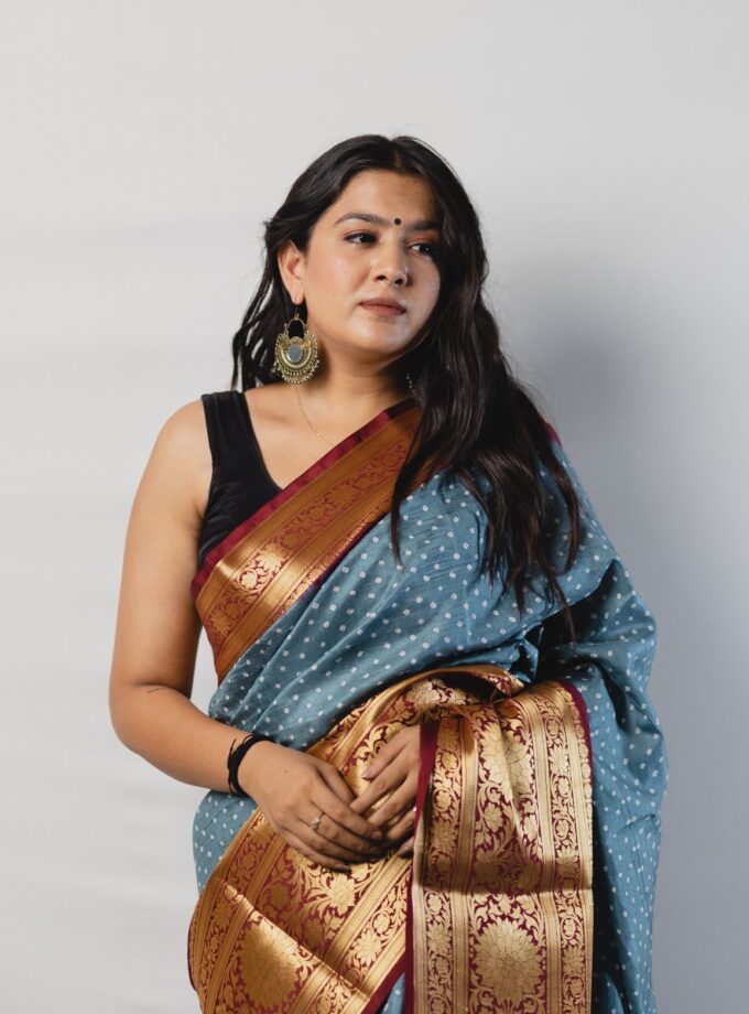 Grey - Maroon Kanjivaram Bandhani Saree