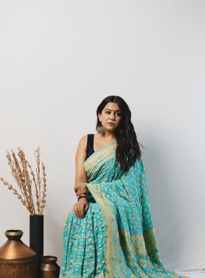 Turquoise Meenakari Bandhani Saree