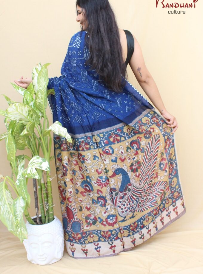 Navy Blue Muga Silk Hand-Painted Kalamkari Bandhej Saree
