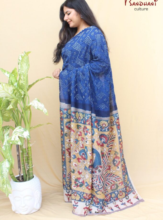 Navy Blue Muga Silk Hand-Painted Kalamkari Bandhej Saree