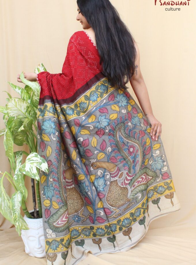 Red Muga Silk Hand-Painted Kalamkari Bandhej Saree