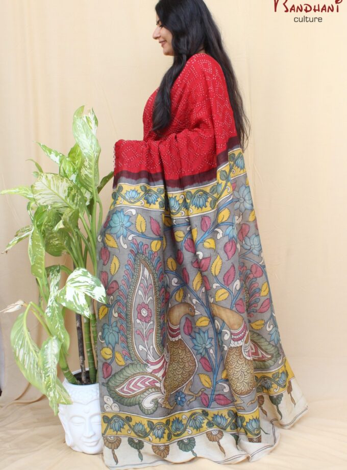 Red Muga Silk Hand-Painted Kalamkari Bandhej Saree
