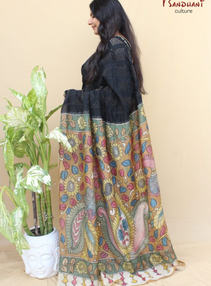 Black Muga Silk Hand-Painted Kalamkari Bandhej Saree