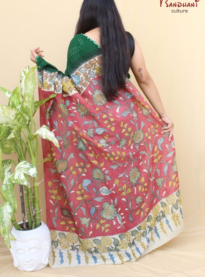 Green Muga Silk Hand-Painted Kalamkari Bandhej Saree