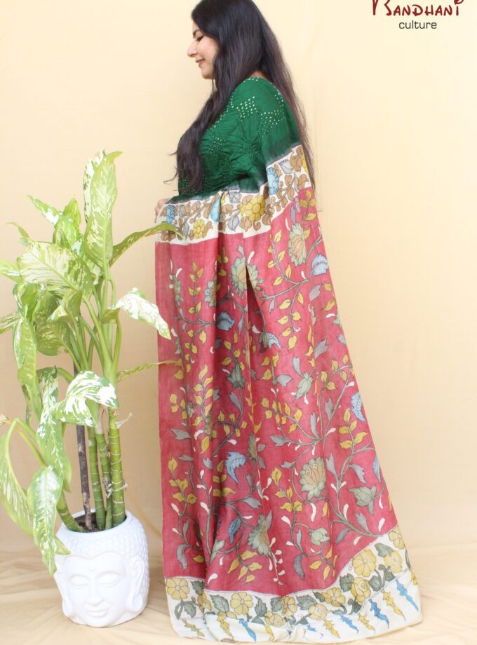 Green Muga Silk Hand-Painted Kalamkari Bandhej Saree