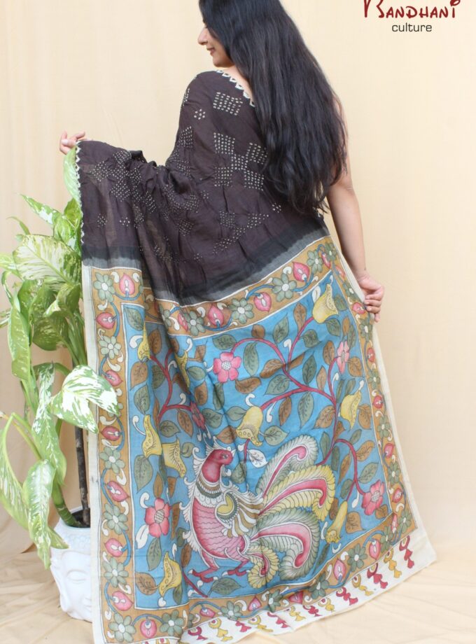 Coffee Muga Silk Hand-Painted Kalamkari Bandhej Saree