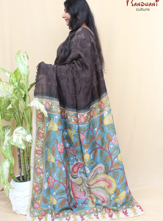 Coffee Muga Silk Hand-Painted Kalamkari Bandhej Saree