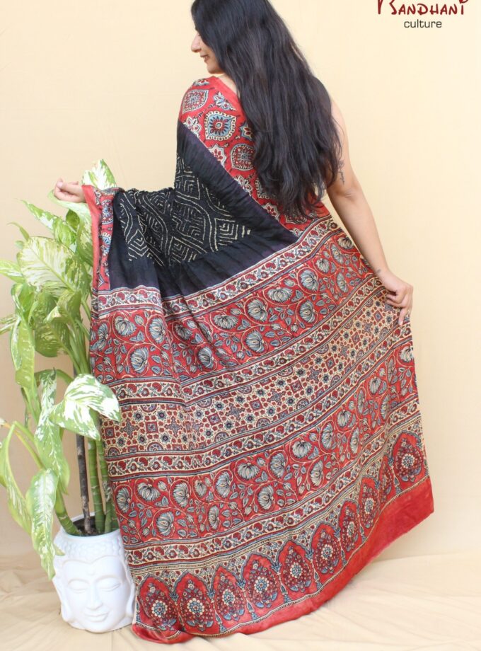 Black Gajji Silk Ajrakh Bandhej Saree