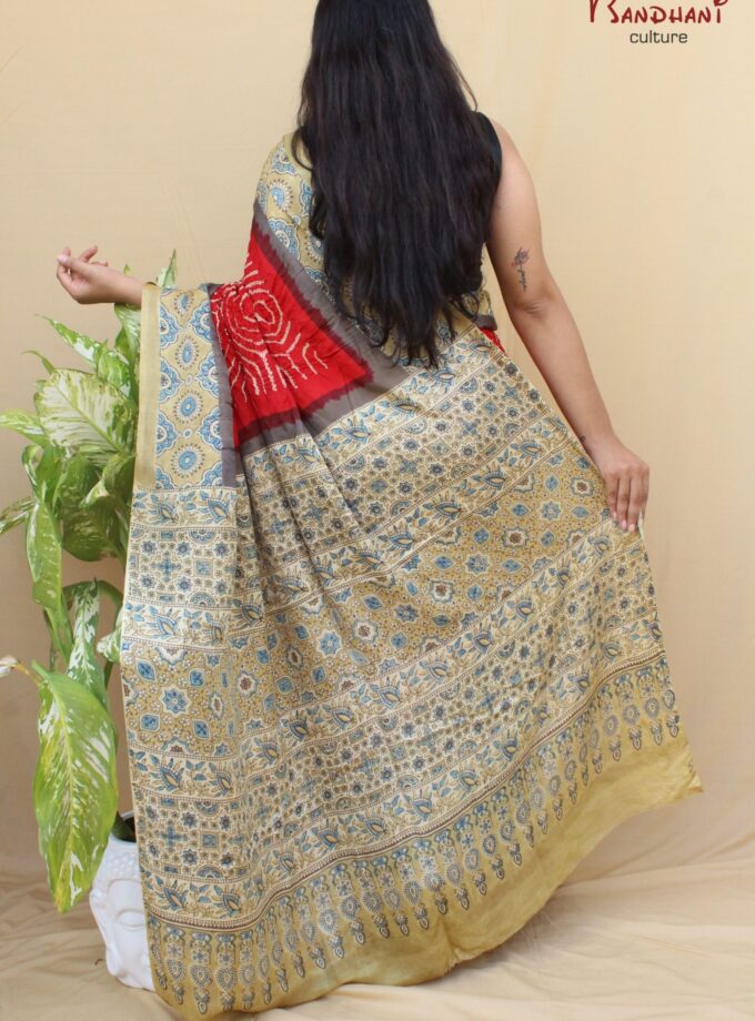 Red Gajji Silk Ajrakh Bandhej Saree