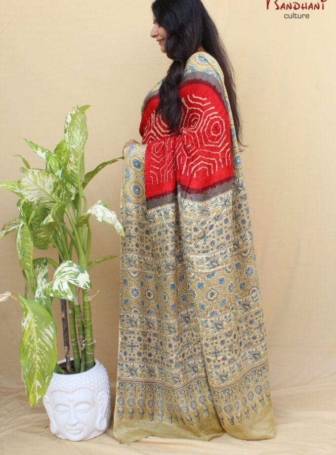 Red Gajji Silk Ajrakh Bandhej Saree