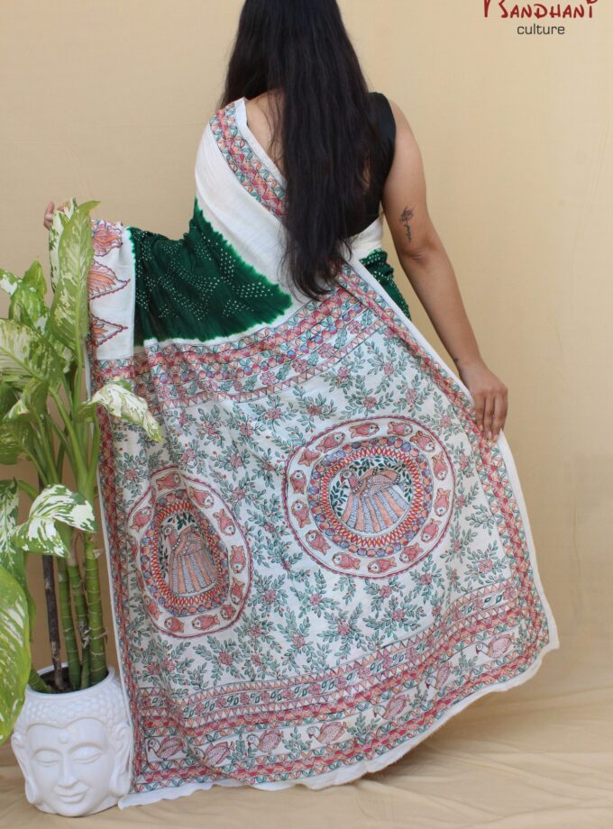 Green Muga Silk Hand-Painted Madhubani Bandhej Saree