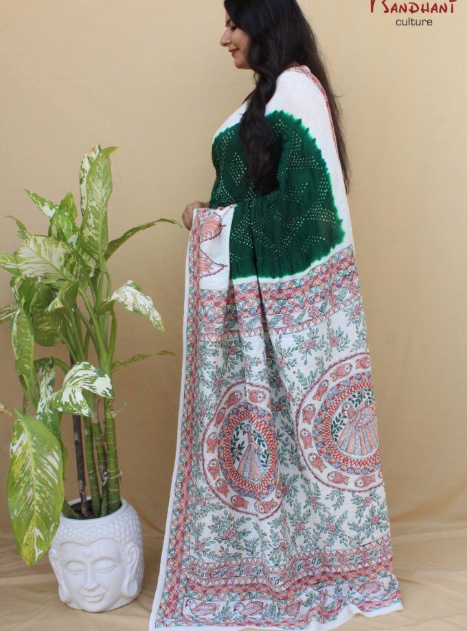 Green Muga Silk Hand-Painted Madhubani Bandhej Saree