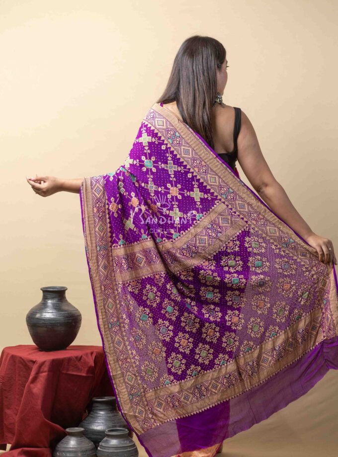 Purple-Pink-Yellow Meenakari Bandhej Saree