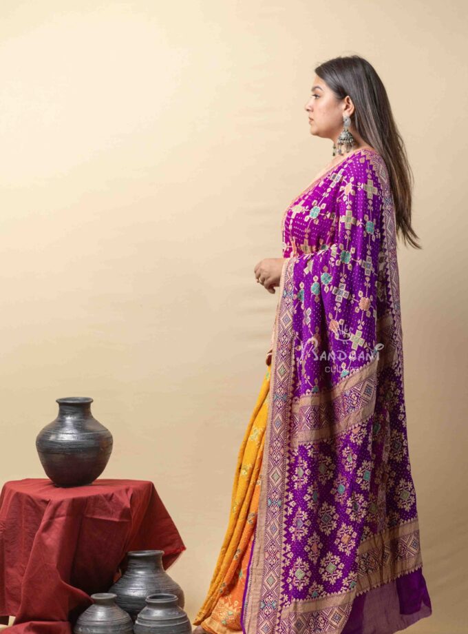 Purple-Pink-Yellow Meenakari Bandhej Saree