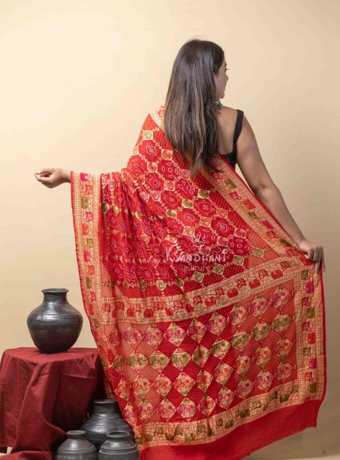 Red Meenakari Garchoda Bandhej Saree