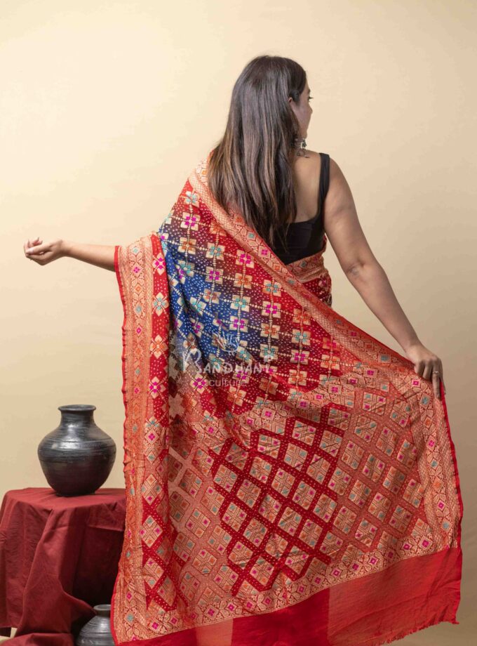 Red-Navy Meenakari Bandhej Saree
