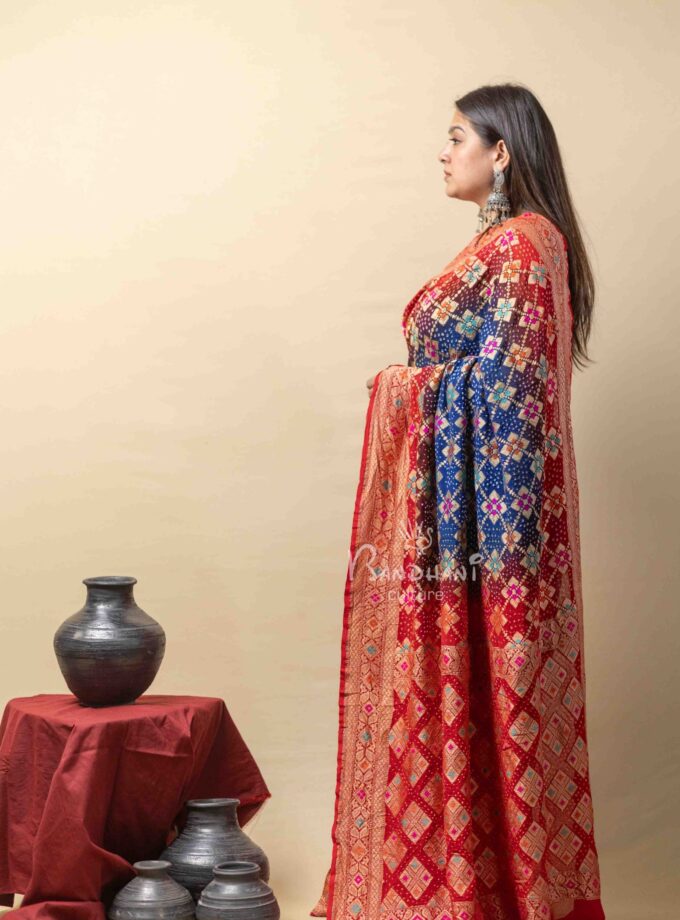 Red-Navy Meenakari Bandhej Saree