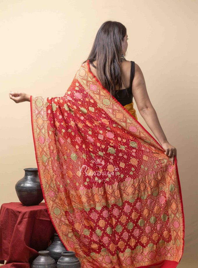Red-Yellow-Green Meenakari Bandhej Saree