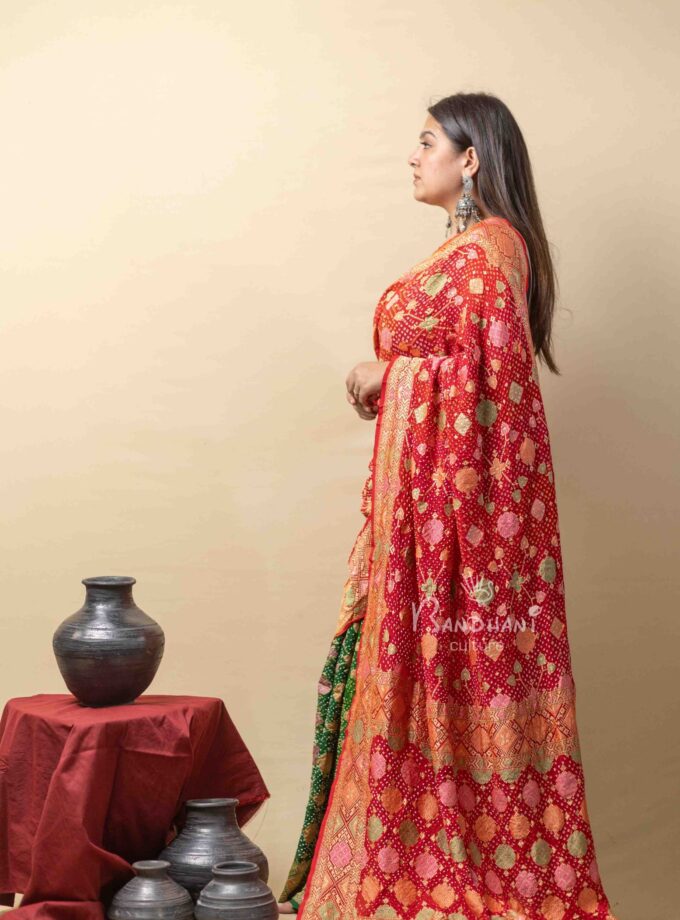 Red-Yellow-Green Meenakari Bandhej Saree