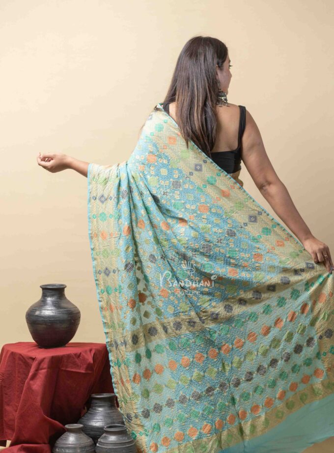 Turquoise-Peach Meenakari Bandhej Saree