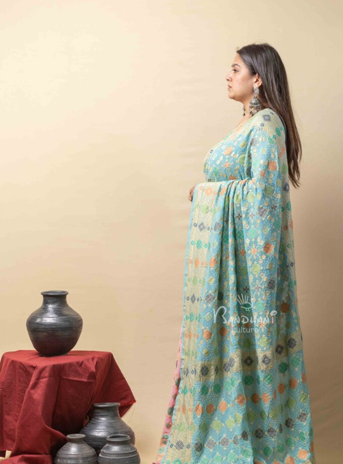 Turquoise-Peach Meenakari Bandhej Saree