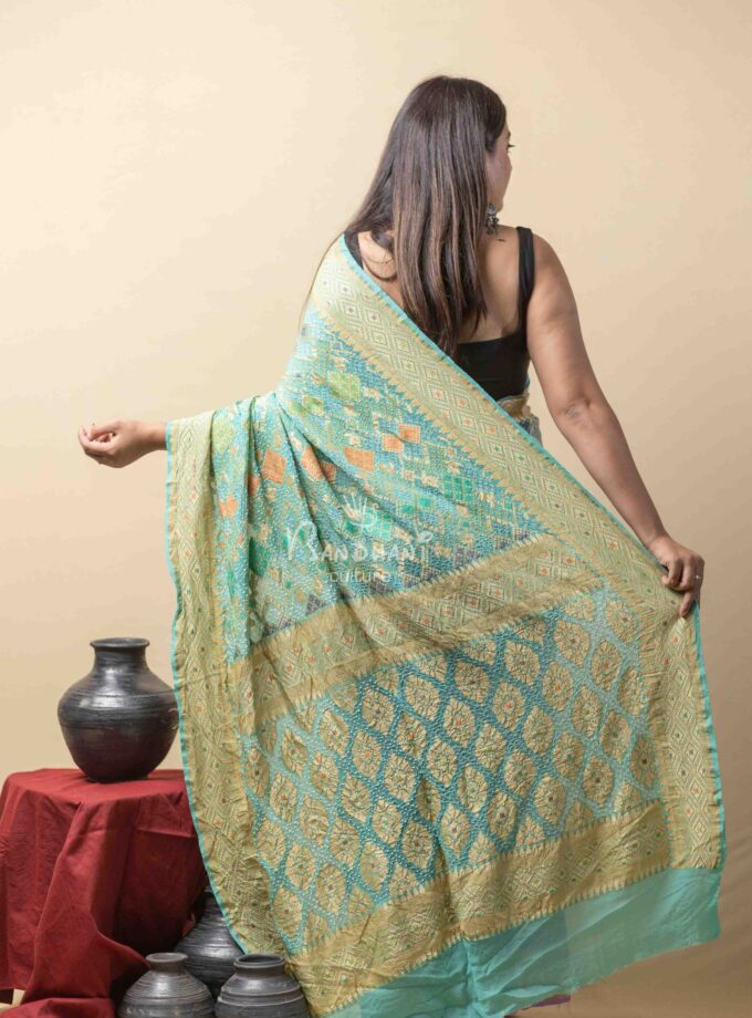 Turquoise-Lavender Meenakari Bandhej Saree