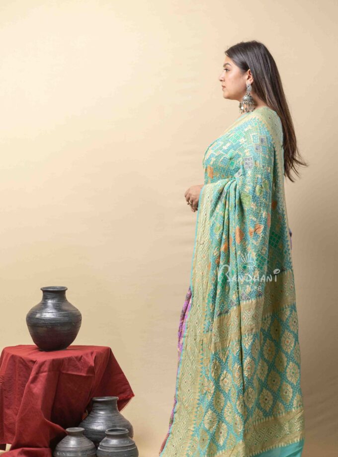 Turquoise-Lavender Meenakari Bandhej Saree