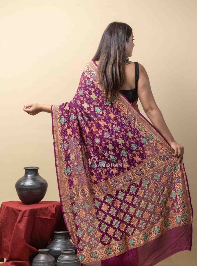 Wine Light-Dark Meenakari Bandhej Saree