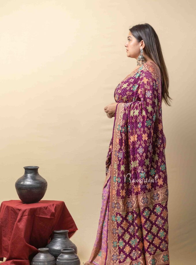 Wine Light-Dark Meenakari Bandhej Saree
