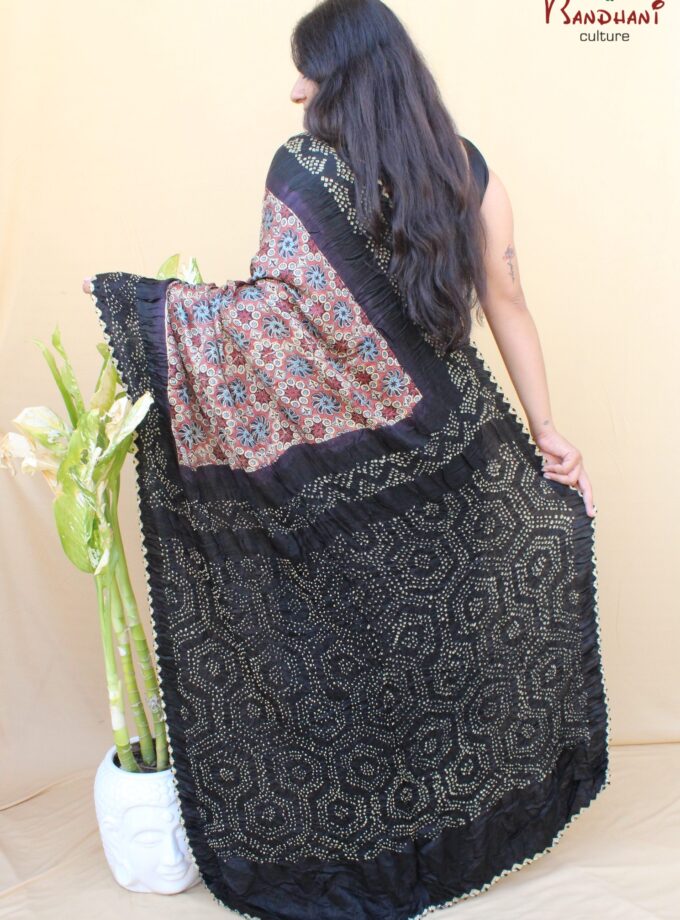 Black Gajji Silk Ajrakh Bandhej Saree