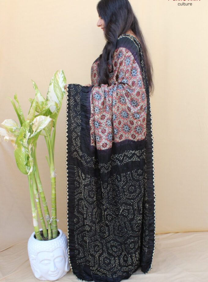 Black Gajji Silk Ajrakh Bandhej Saree