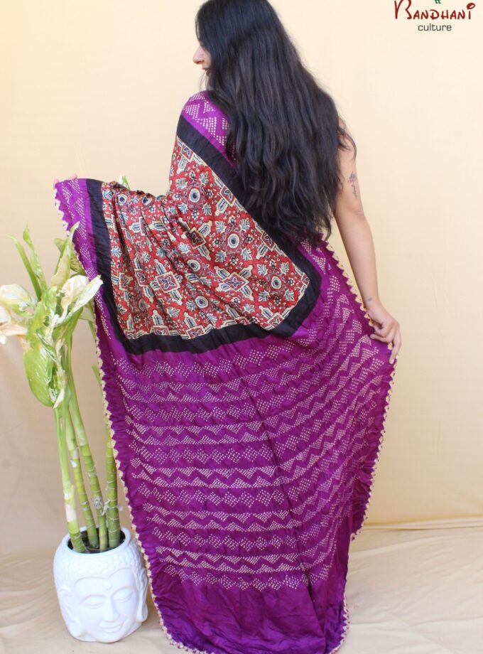 Brinjal Gajji Silk Ajrakh Bandhej Saree
