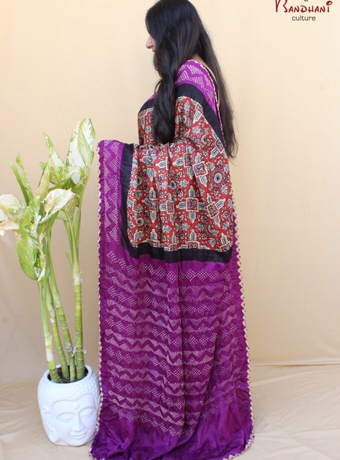 Brinjal Gajji Silk Ajrakh Bandhej Saree
