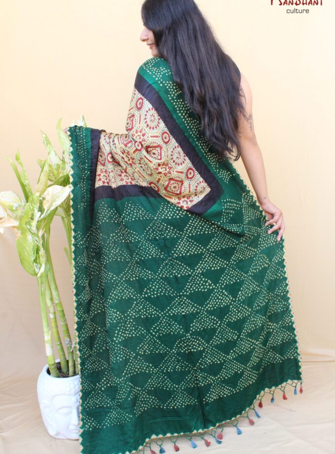 Green Gajji Silk Ajrakh Bandhej Saree