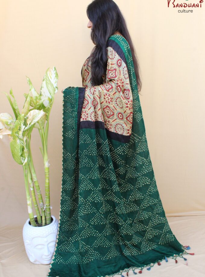 Green Gajji Silk Ajrakh Bandhej Saree