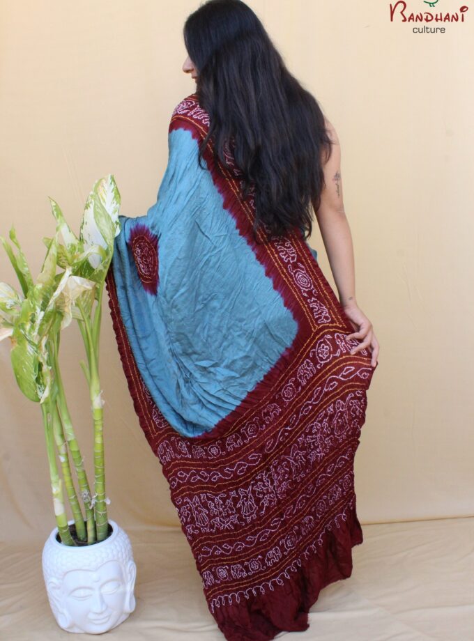 Grey-Maroon Gajji Silk Traditional Gala Rai Bandhej Saree