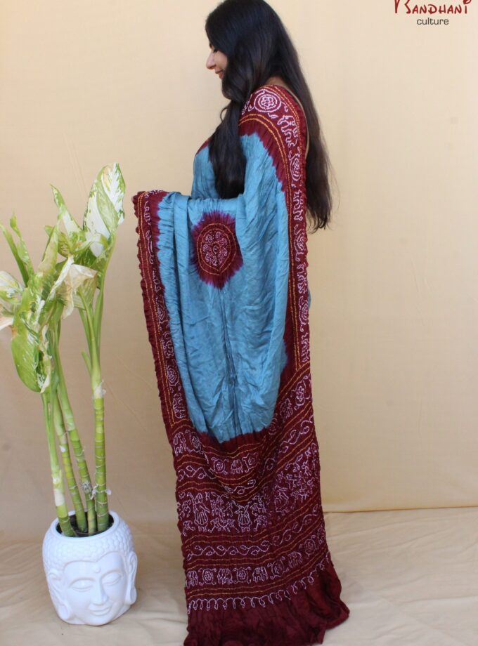 Grey-Maroon Gajji Silk Traditional Gala Rai Bandhej Saree