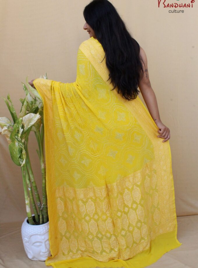 Yellow Border Pallu Neemjari Bandhej Saree