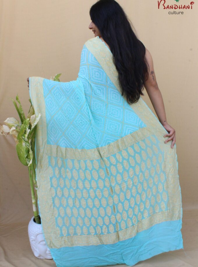 Sky Blue Border Pallu Neemjari Bandhej Saree