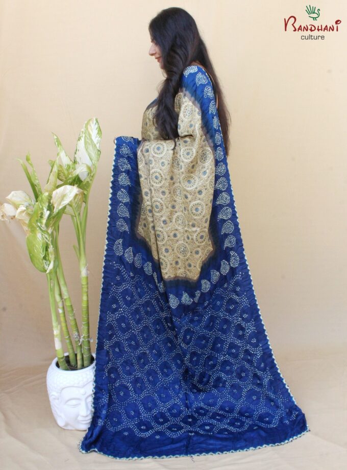 Navy Blue Gajji Silk Ajrakh Bandhej Saree