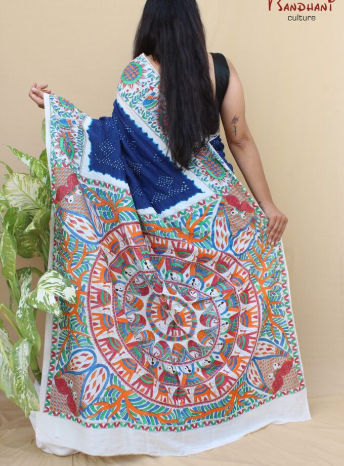 Navy Blue Muga Silk Hand-Painted Madhubani Bandhej Saree