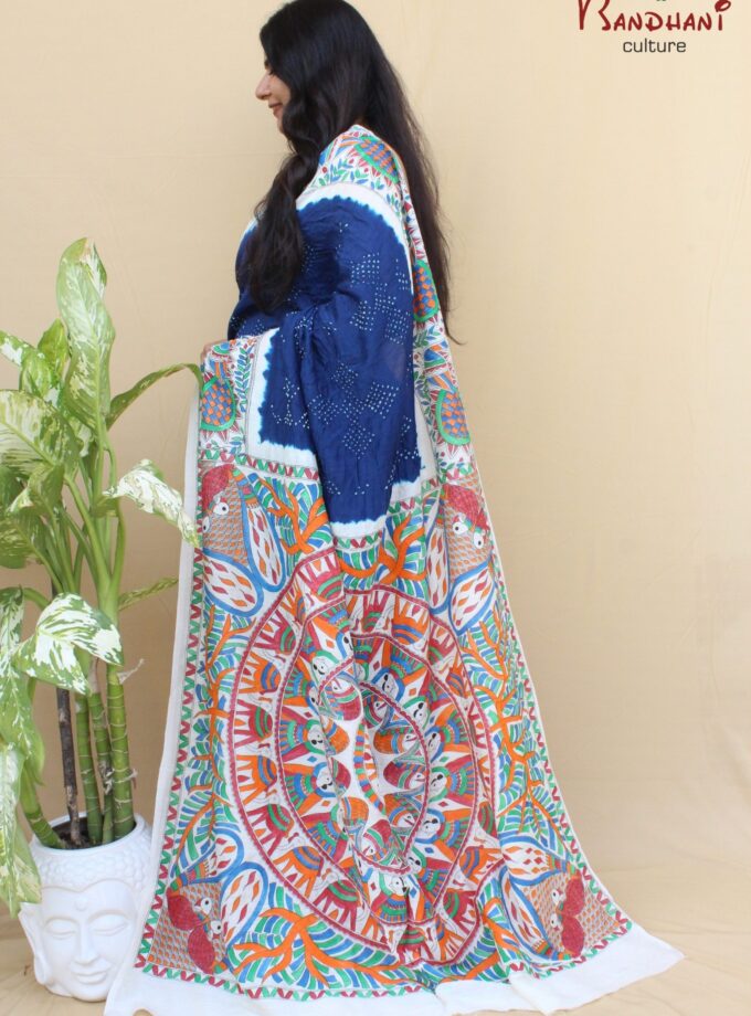 Navy Blue Muga Silk Hand-Painted Madhubani Bandhej Saree