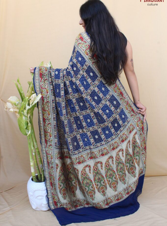 Navy Blue Shikarga Meenakari Bandhej Saree