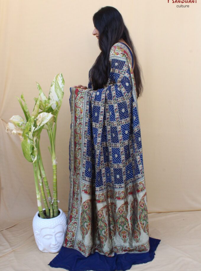 Navy Blue Shikarga Meenakari Bandhej Saree