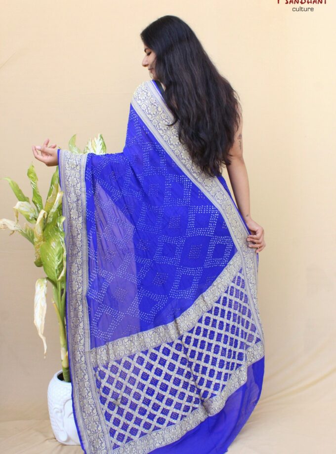 Royal Blue Border Pallu Neemjari Bandhej Saree