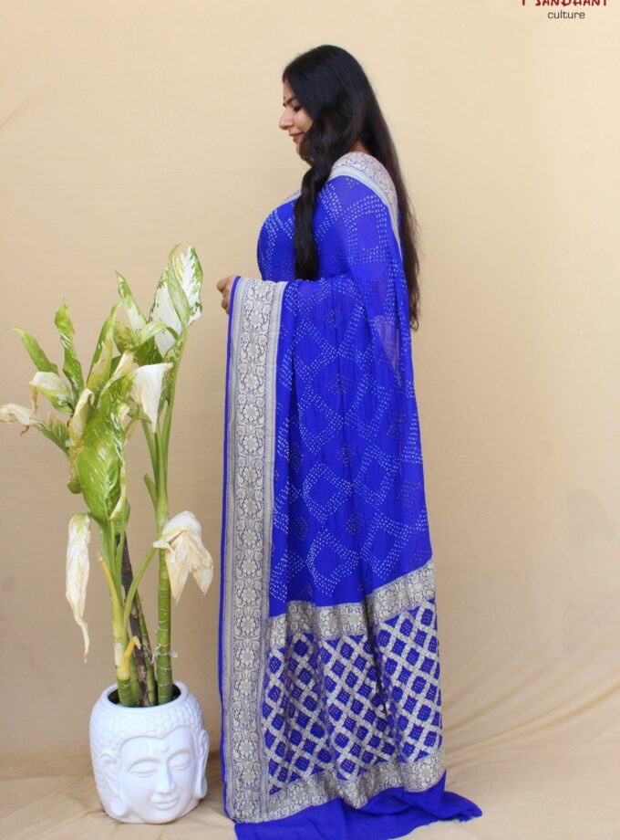 Royal Blue Border Pallu Neemjari Bandhej Saree