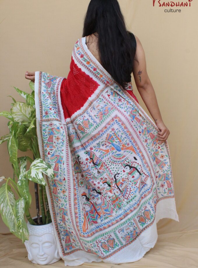 Red Muga Silk Hand-Painted Madhubani Bandhej Saree
