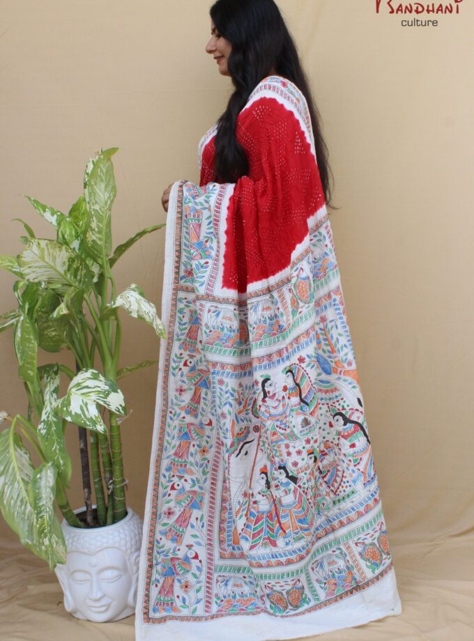 Red Muga Silk Hand-Painted Madhubani Bandhej Saree